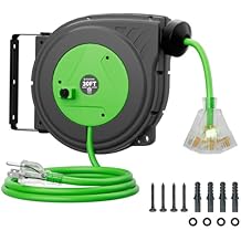 30FT Retractable Extension Cord Reel, 16AWG/3C SJTOW Heavy Duty Power Cord Reel with Lighted Triple Outlets, 10A Circuit Breaker, Lightweight Ceiling/Wall Mount Reel for Garage, ETL Listed, Green