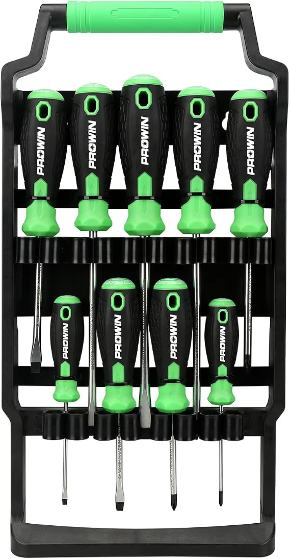 PROWIN 9-Piece Magnetic Screwdriver Set, Slotted Tips, CR-V Steel, Cushion Grip, Ergonomic Handle, Tool Set with Organizer Rack for Home & DIY