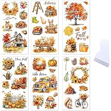 6 Sheets Fall Rub on Transfers for Craft Furniture, 6 x 12 Inches Vintage Autumn Rub on Transfer Stickers, Leaf Pumpkin Sunflower Thanksgiving Furniture Decals for Glass Wood Scrapbooking Home Decor