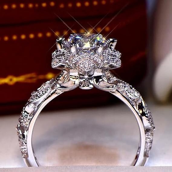 925 Sterling Silver Shiny Full Diamond Ring Cubic Zirconia Flower Ring CZ Diamond Ring Personality Ring for Women Luxury and Delicate Female Style Wedding Engagement Princess Ring Jewelry US Code 6