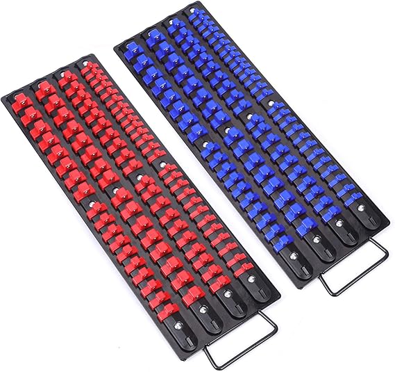 CASOMAN 80-Piece Portable Socket Organizer Tray, 2 Pcs Set, Blue & Red, 14-Inch, 38-Inch, 12-Inch,Heavy Duty Socket Organizer, Black Rails, Blue & Red Clips