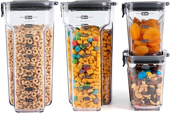 Progressive International ProKeeper 4-Piece Clear Plastic Modular Airtight Pantry Cereal FoodSnack Kitchen Storage Organization Container Canister Set