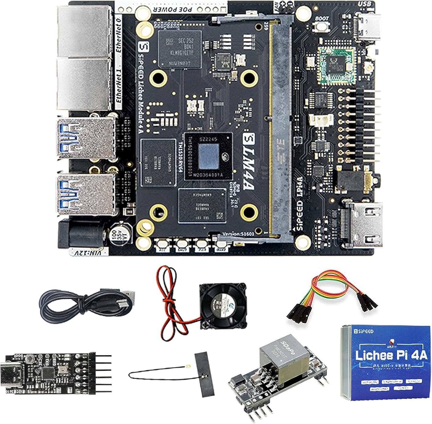 LicheePi 4A RISC-V Linux Open Source Single Board Computer, 64bit LPDDR4X 16GB RAM 128GB eMMC, TH1520 2.0GHz CPU 4TOPS NPU, Dual Gigabit Ethernet for mini PC Wireless Server, Support Android Debian